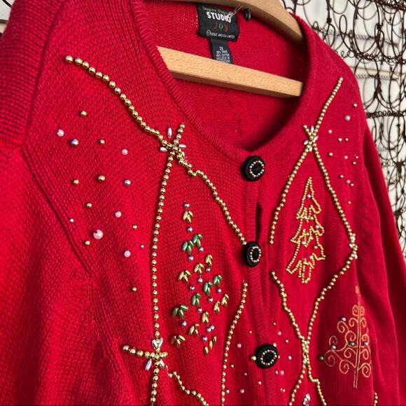 Vintage 90s Studio Joy red button down Ugly Christmas cardigan beaded trees - Picture 2 of 6